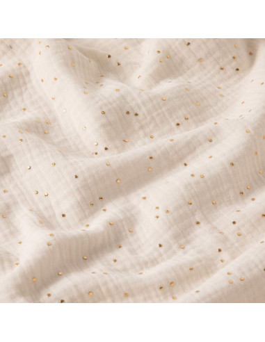 Tissu double gaze de coton mini pois dorés - Écru