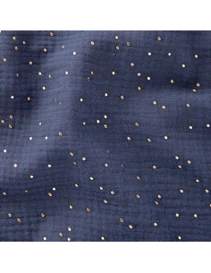 Tissu double gaze de coton mini pois dorés - Indigo