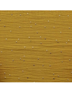 Tissu double gaze de coton mini pois dorés - Moutarde 2