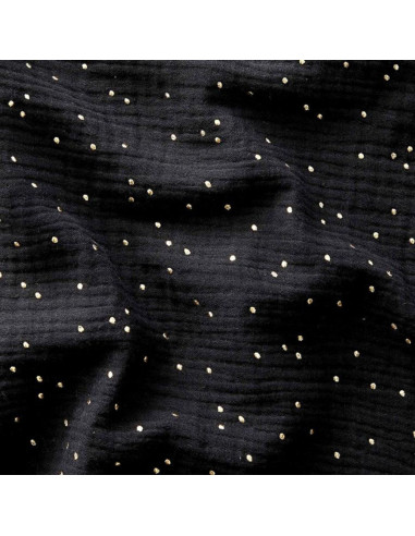 Tissu double gaze de coton mini pois dorés - Noir