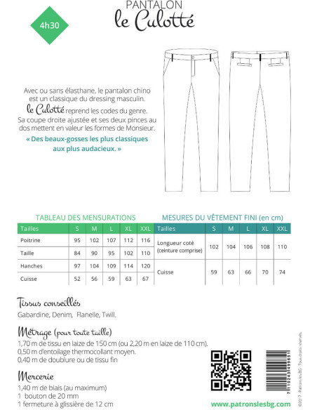 Patron de pantalon chino pour homme Le Culotté - Les BG