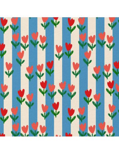 Tissu popeline de coton - Tulip bleu et écru