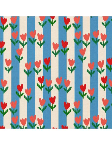 Tissu popeline de coton - Tulip bleu et écru