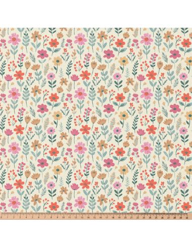 Tissu popeline de coton - Maddy écru et rose