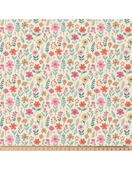Tissu popeline de coton - Maddy écru et rose
