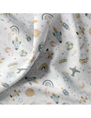 Tissu popeline de coton - Véga blanc et vert