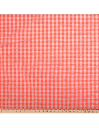 Tissu Seersucker à carreaux - Pêche et fraise