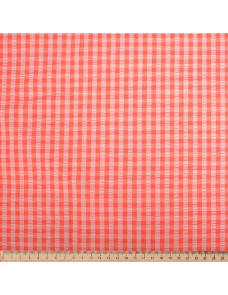 Tissu Seersucker à carreaux - Pêche et fraise