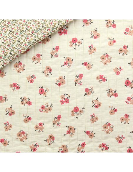Tissu coton matelassé double face Molisa - Écru et rose