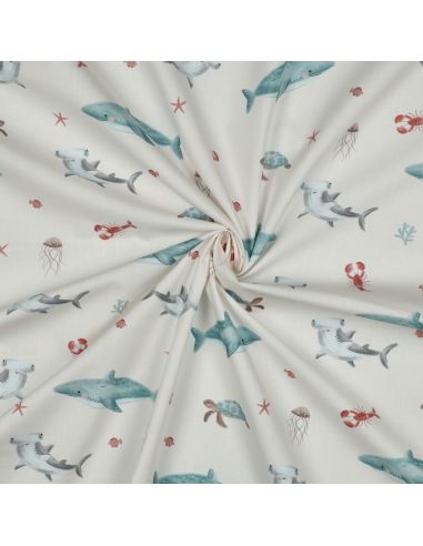 Tissu popeline de coton fonds marins - Blanc cassé
