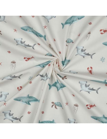 Tissu popeline de coton fonds marins - Blanc cassé