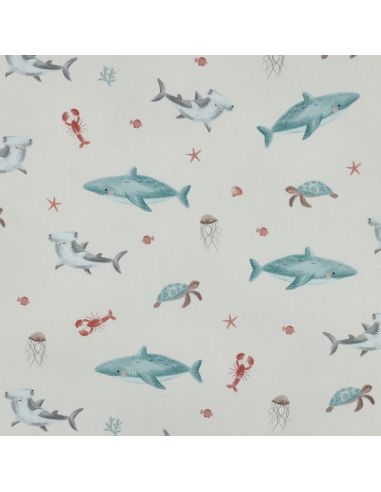Tissu popeline de coton fonds marins - Blanc cassé