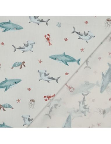 Tissu popeline de coton fonds marins - Blanc cassé