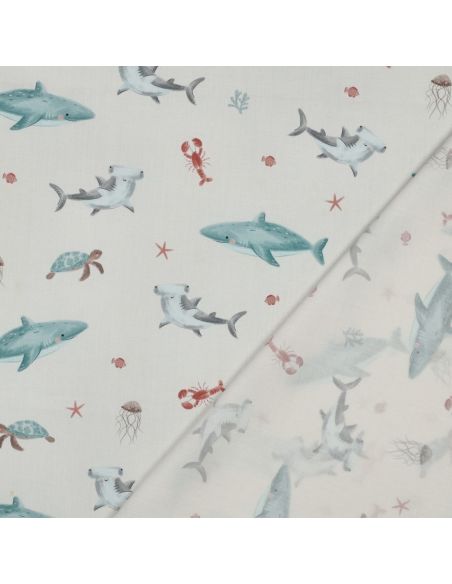 Tissu popeline de coton fonds marins - Blanc cassé