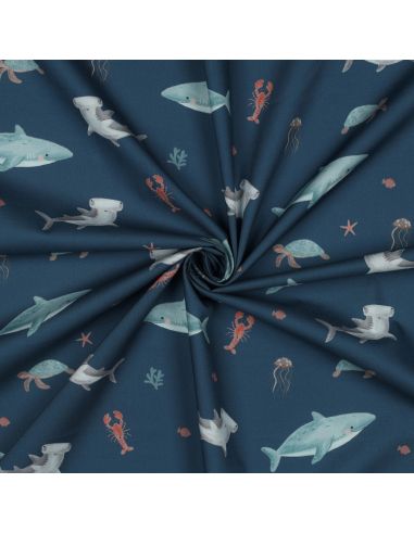 Tissu popeline de coton fonds marins - Bleu pétrole