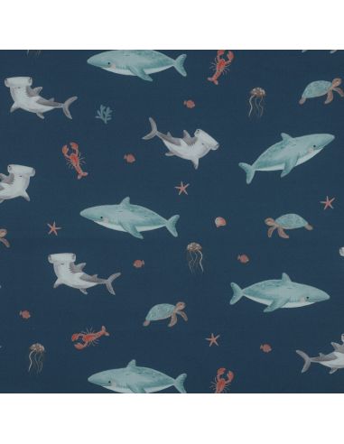 Tissu popeline de coton fonds marins - Bleu pétrole