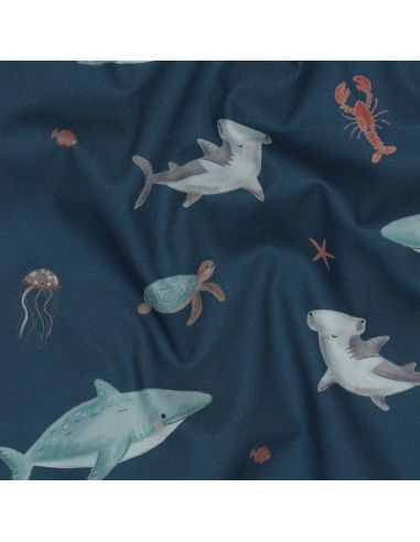 Tissu popeline de coton fonds marins - Bleu pétrole