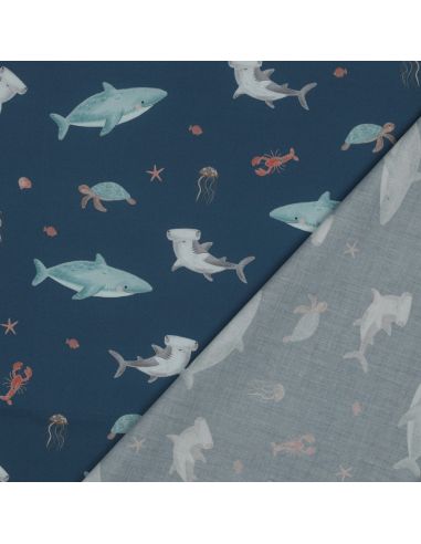 Tissu popeline de coton fonds marins - Bleu pétrole