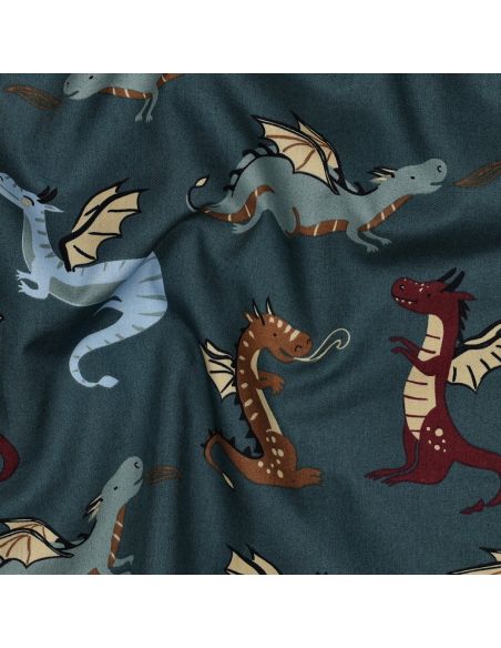 Tissu popeline de coton dragons - Bleu pétrole foncé