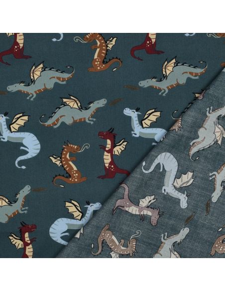 Tissu popeline de coton dragons - Bleu pétrole foncé