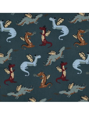Tissu popeline de coton dragons - Bleu pétrole foncé