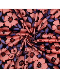 Tissu coton effet satiné - Fleurs corail