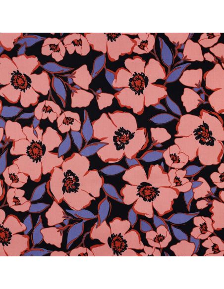 Tissu coton effet satiné - Fleurs corail