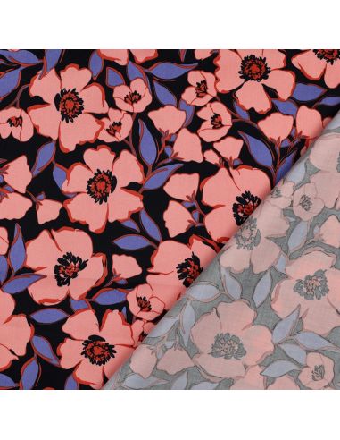 Tissu coton effet satiné - Fleurs corail
