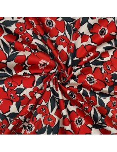 Tissu coton effet satiné - Fleurs rouges