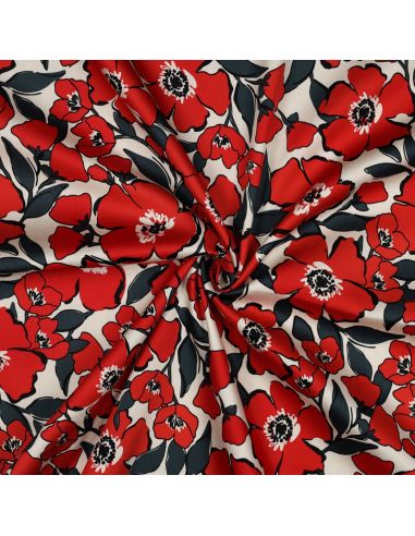 Tissu coton effet satiné - Fleurs rouges