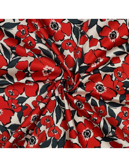 Tissu coton effet satiné - Fleurs rouges