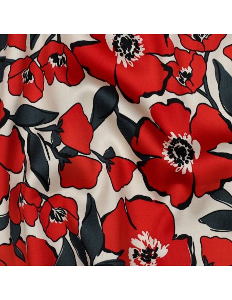 Tissu coton effet satiné - Fleurs rouges