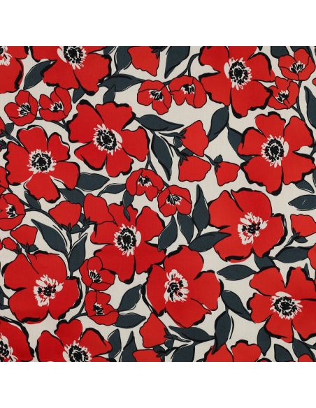 Tissu coton effet satiné - Fleurs rouges