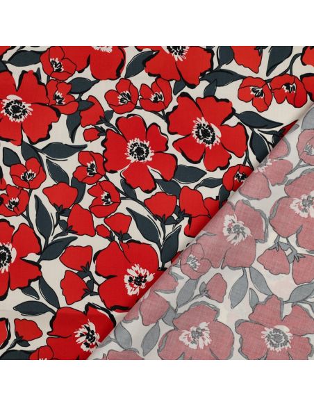 Tissu coton effet satiné - Fleurs rouges