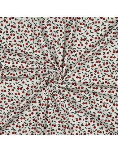 Tissu jersey coton maille côtelé - Cerises fond blanc cassé