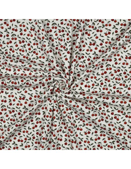 Tissu jersey coton maille côtelé - Cerises fond blanc cassé