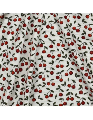 Tissu jersey coton maille côtelé - Cerises fond blanc cassé