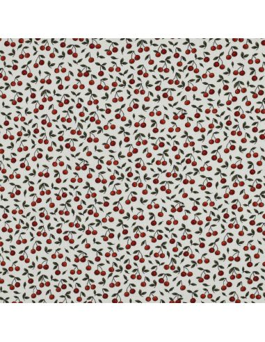 Tissu jersey coton maille côtelé - Cerises fond blanc cassé