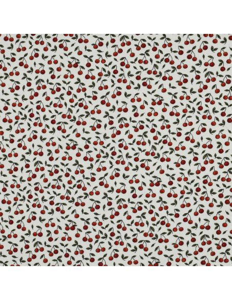 Tissu jersey coton maille côtelé - Cerises fond blanc cassé