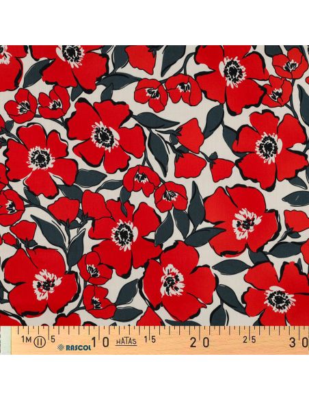 Tissu coton effet satiné - Fleurs rouges