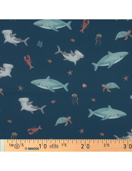 Tissu popeline de coton fonds marins - Bleu pétrole