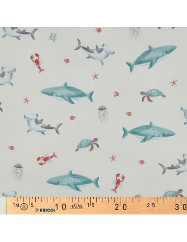 Tissu popeline de coton fonds marins - Blanc cassé