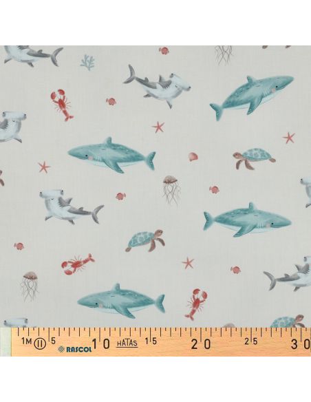Tissu popeline de coton fonds marins - Blanc cassé