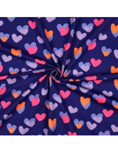 Tissu jersey imprimé - Coeurs néon fond bleu