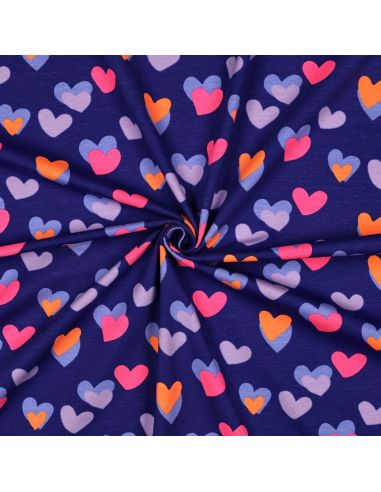 Tissu jersey imprimé - Coeurs néon fond bleu