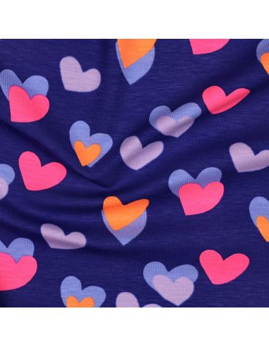 Tissu jersey imprimé - Coeurs néon fond bleu