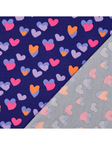 Tissu jersey imprimé - Coeurs néon fond bleu