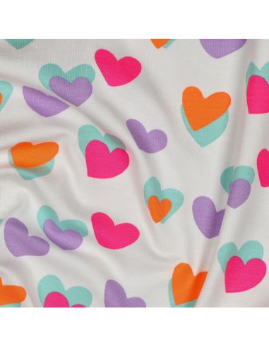 Tissu jersey imprimé - Coeurs néon fond blanc