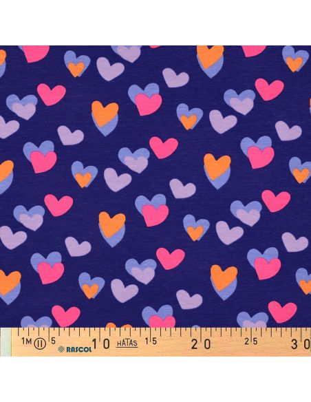 Tissu jersey imprimé - Coeurs néon fond bleu
