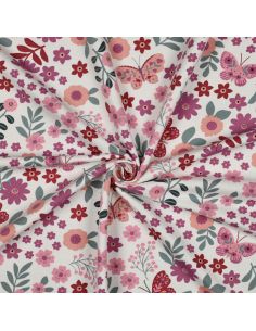 Tissu sweat léger papillon et fleur - Rose fond blanc